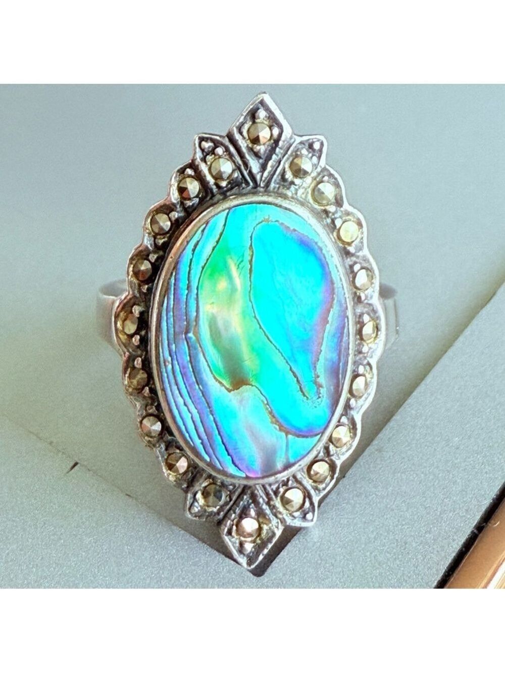 Chapel Zenray Marcasite & Abalone Shell Sterling Silver 925 Designer Ring VTG